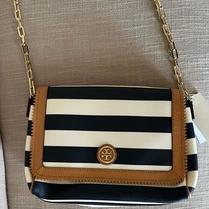 Tory Burch Kerrington Navy White Stripe Crossbody Bag.